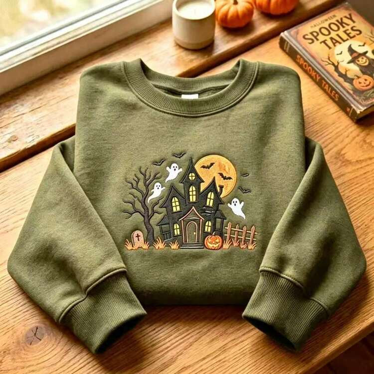 Halloween Women Clothing Haunted House Sweatshirt, Pigment Dyed Halloween Crewneck Fall Clothes F... | SHEIN