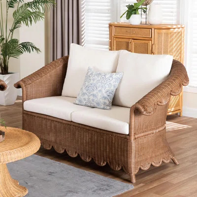 Bali & Pari Detta Natural Rattan Loveseat With Cushion - Handwoven Wicker Settee With Rolled Arms And Scalloped Skirt Base, Boho Coastal Style For Sun | Wayfair North America