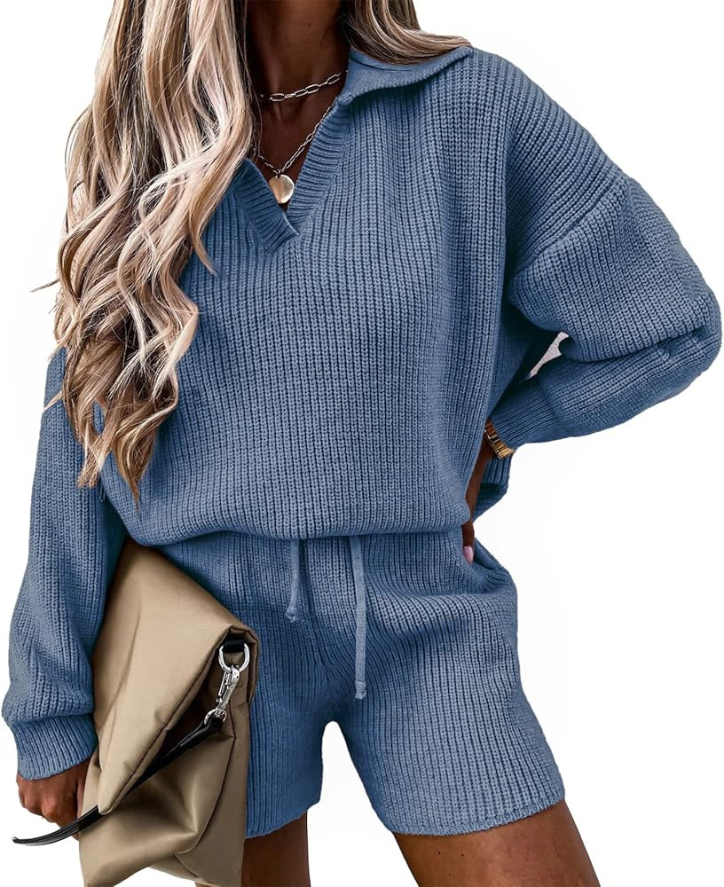 PRETTYGARDEN Women's 2 Piece Outfits 2024 Winter Long Sleeve V Neck Knit Pullover And Shorts Swea... | Amazon (US)