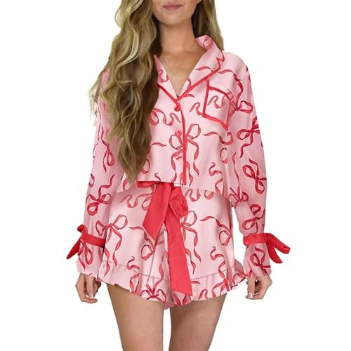 Thopavenoir Women Cute Christmas Pajamas Set 2 Piece Matching Set Bow Tie Long Sleeve Cartoon Shirt Baggy Ruffle Shorts Set (Red & Pink #J, S) | Amazon (US)