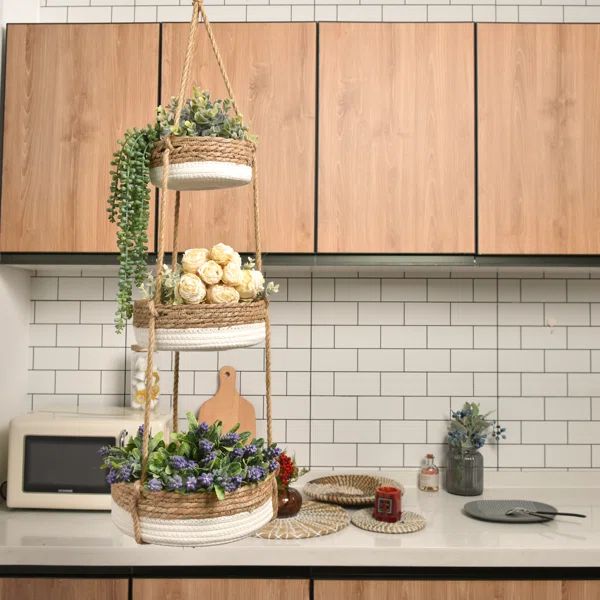 3-tier Wicker Hanging Basket, Tiered Fruits Basket, Natural Wicker &cotton Hanging Baskets For Ki... | Wayfair North America