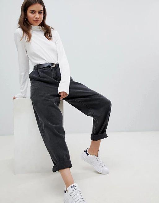 ASOS DESIGN tapered boyfriend jeans with curved seams and belt in washed black | ASOS US