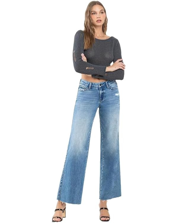 Flying Monkey Vervet Women's Mid Rise Raw Hem Wide Leg Jeans | Amazon (US)