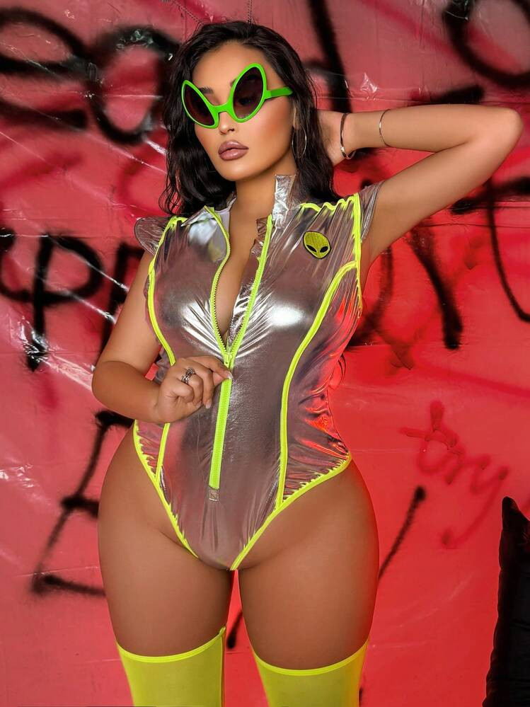 Fantasy Costume 2pcs Y2K Punk Alien COS Neon Green & Silver Reflective Jumpsuit, Plus Size Sexy C... | SHEIN
