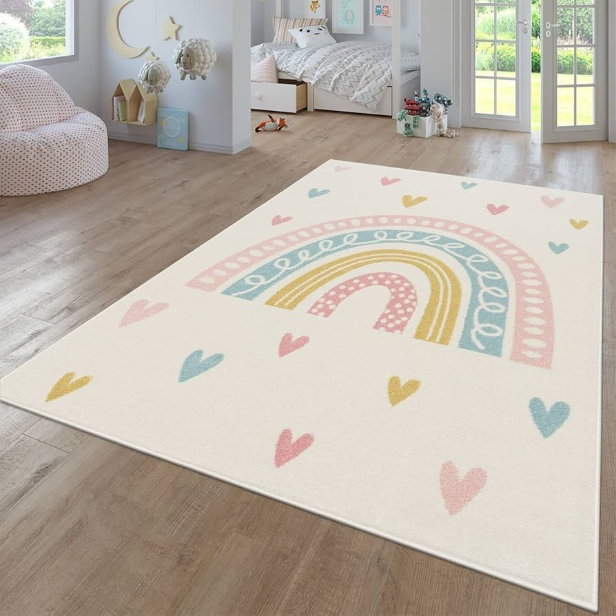 Paco Home Kids Room Rug with Rainbow and Hearts in Cream Multicolr, Size: 4'4" x 6'3" | Amazon (US)