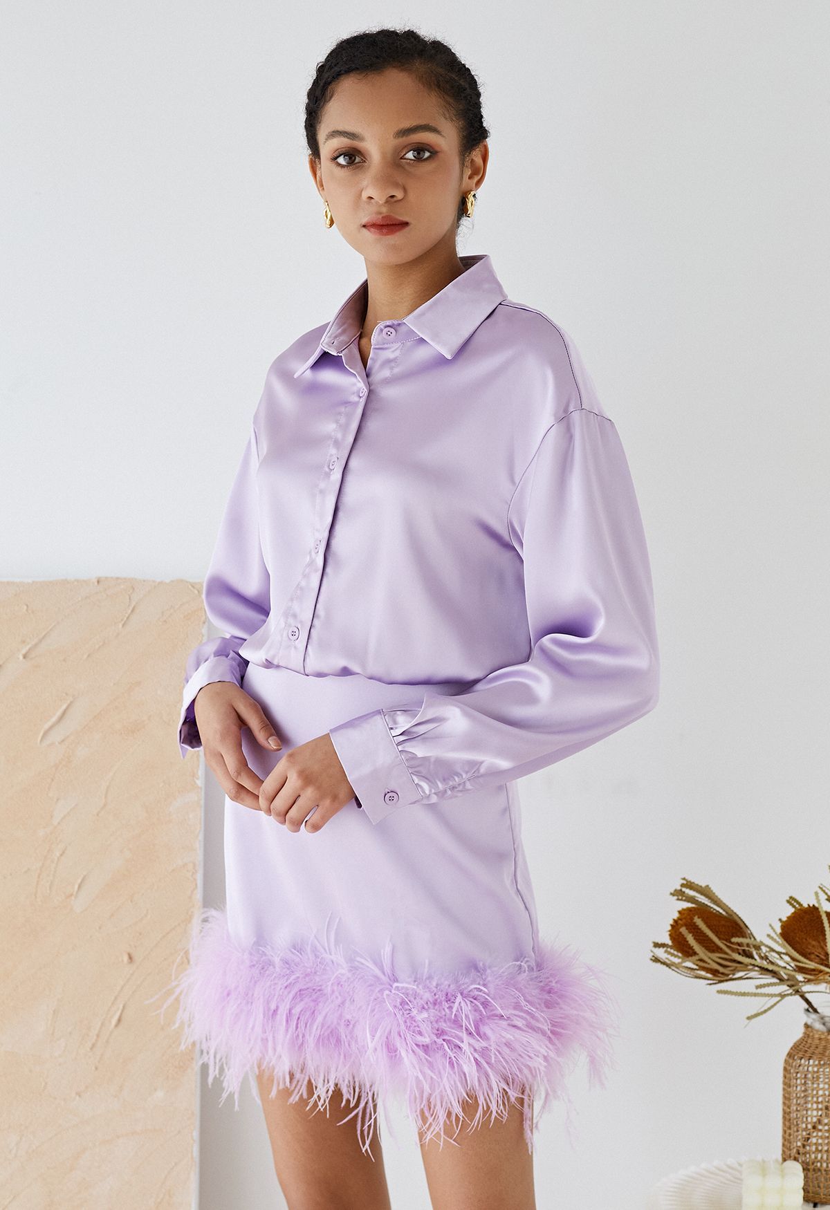 Ethereal Feather Long Sleeve Satin Dress in Purple | Chicwish