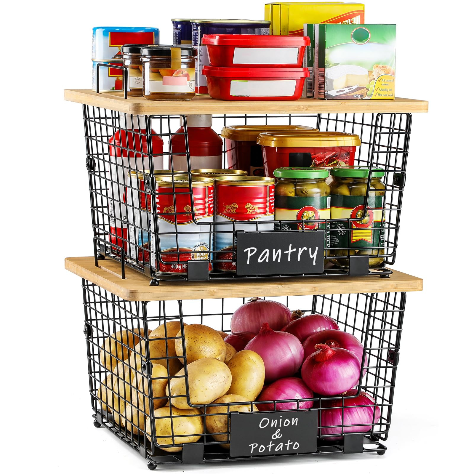 2 Set XXL Stackable Wire Basket with Bamboo Tops & Tag- Pantry Organizer and Storage Bins, Kitche... | Amazon (US)