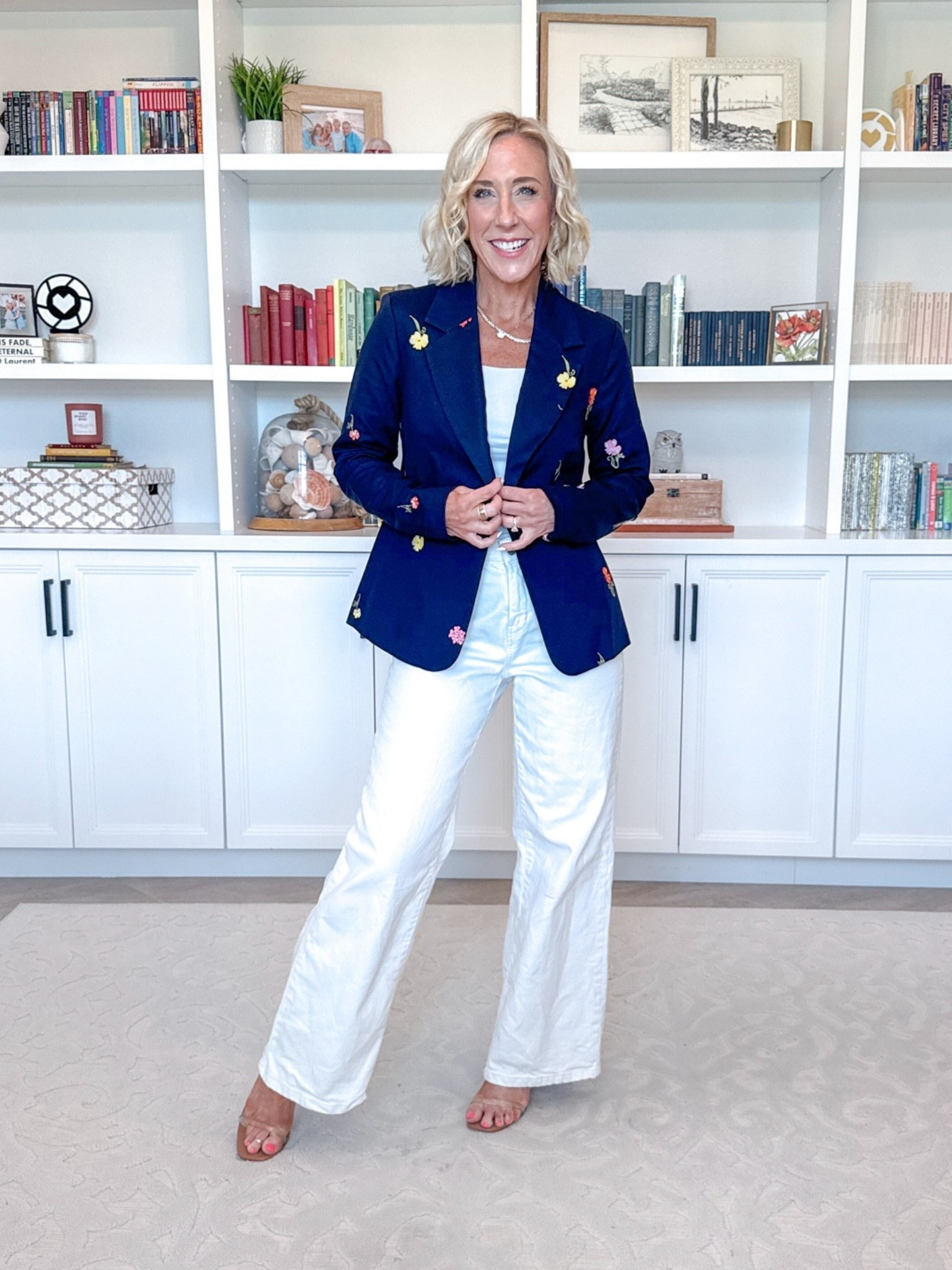 This Floral Embroidered Blazer is back in stock!
• Embroidered Single Breasted Blazer - size XS. $48.
* White Wide Leg Jeans - size 0. $26.98. 4 colors.
* White Tank - size XS.

#LTKSeasonal #LTKOver40