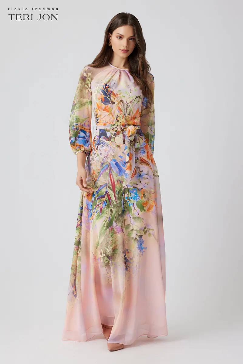 Floral Chiffon Maxi Gown with Long Sleeves | TERI JON