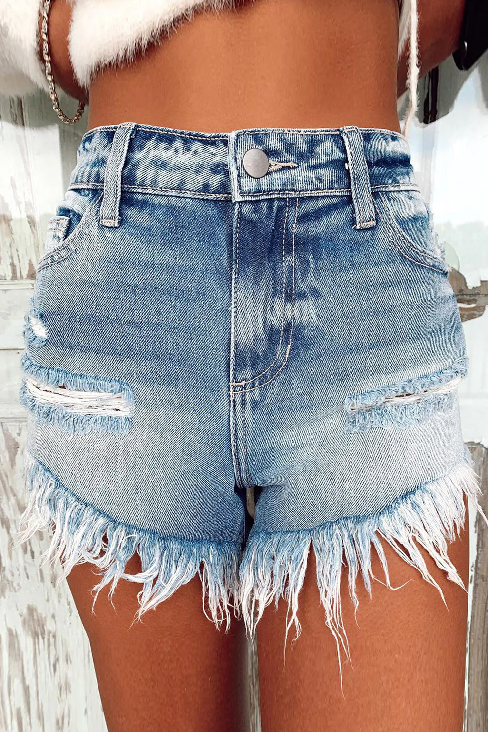 Women's Casual Denim Shorts Frayed Raw Hem Ripped Jeans Shorts Summer Stretchy Hot Shorts (M / Blue) | 1Sansome