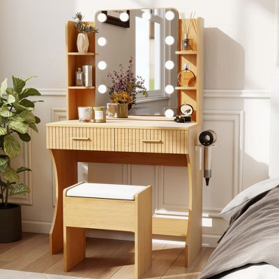 Vanity Desk with Mirror and Lights, Makeup Vanity Desk with 3 Color Modes Adjustable Bulb and Storage Stool,Yellow | Target