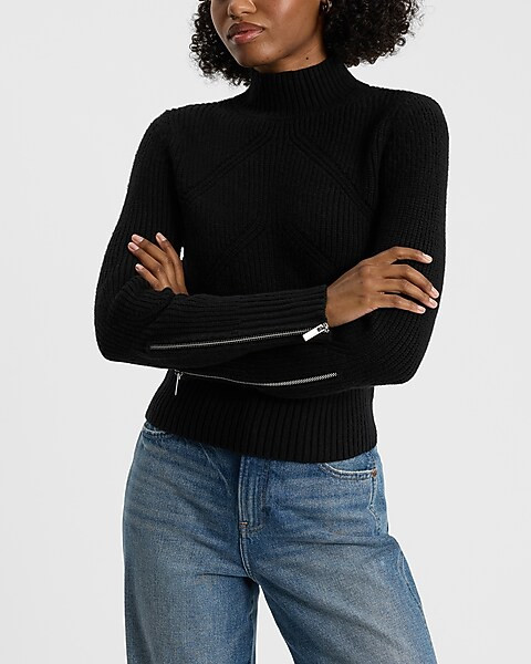 Ribbed Mock Neck Zipper Sleeve Sweater | Express