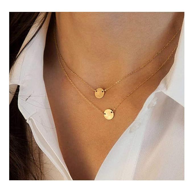 Blufly Layered Coin Pendant Necklace Sequins Necklaces Disc Necklace Chain Minimal Jewelry for Wo... | Amazon (US)