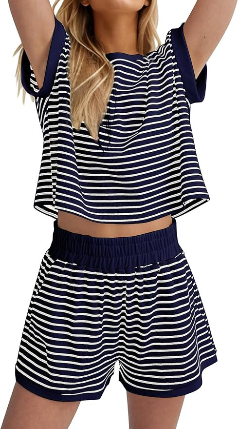 Women Summer 2 Piece Lounge Sets Striped Short Sleeve Tee Shirts Mini Shorts Loungewear Shorts Se... | Amazon (US)