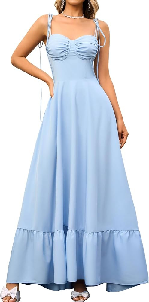 GLNEGE Women's Summer Spaghetti Strap Maxi Wedding Guest Dress Smocked Ruffle Tea Party Dress Blue | Amazon (US)