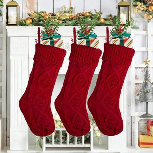 Dllesifvn 3 Pack Knitted Christmas Stockings – Classic Red Cable Knit Christmas Stockings for Fireplace Mantel, Large Christmas Stockings and Christmas Decor(B-RED-3PCS) | Amazon (US)