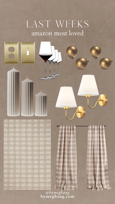 Last weeks most loved Amazon finds! Brass outlet covers, pretty and affordable wine glasses, affordable brass hardware, the prettiest ribbed candles, affordable luxury look for less scones, Polly rug, gingham curtains 

#LTKhome