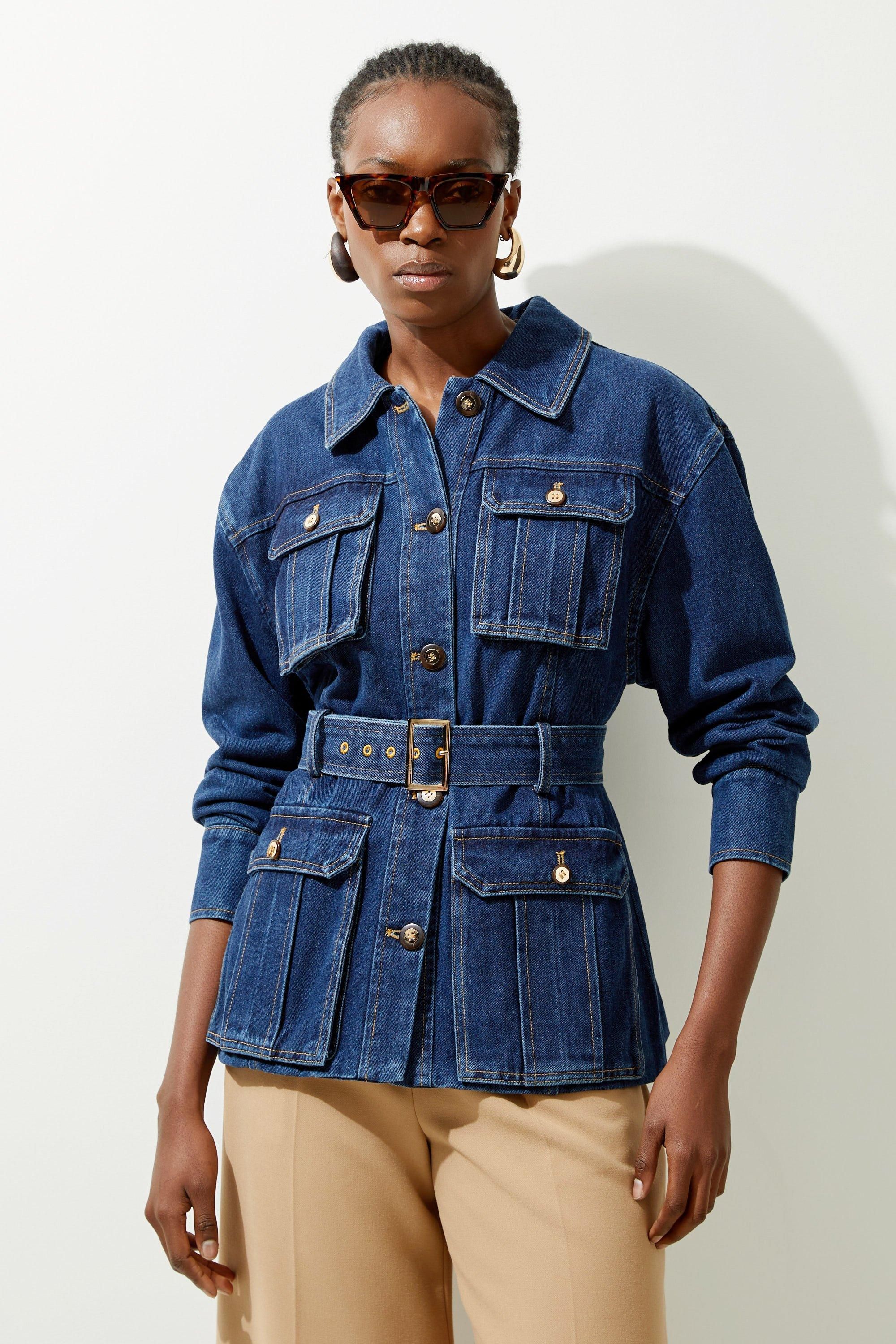 Denim Pocket Detail Belted Safari Jacket | Karen Millen US