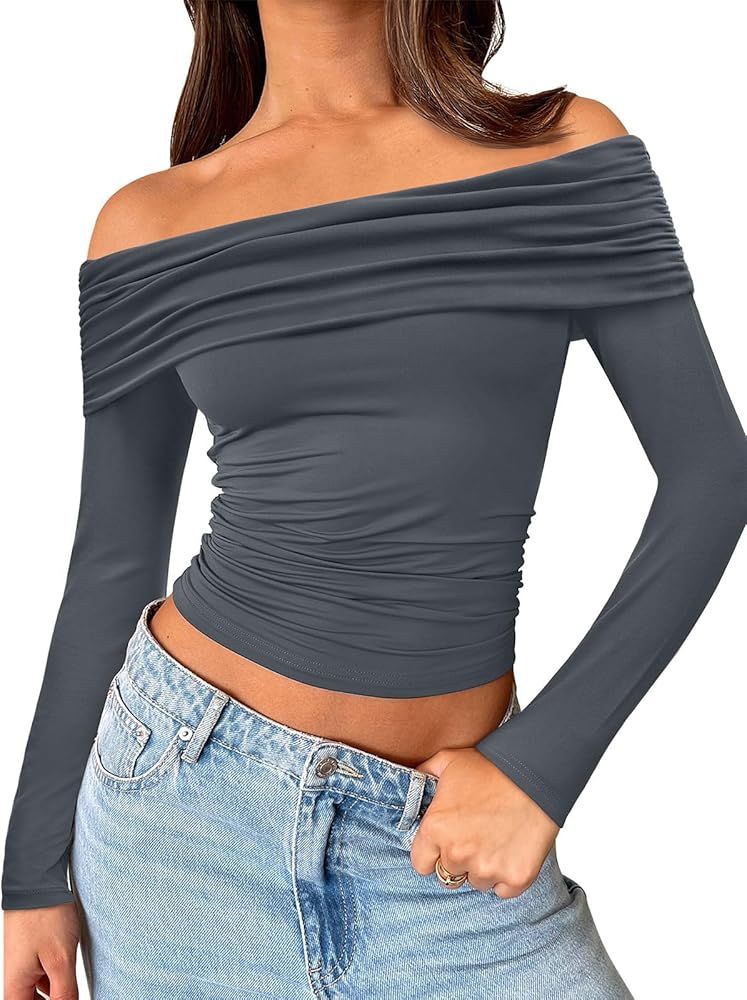 Trendy Queen Women Long Sleeve Shirts Off Shoulder Tops Going Out Crop Sexy Slim Fitted Y2K Fall ... | Amazon (US)