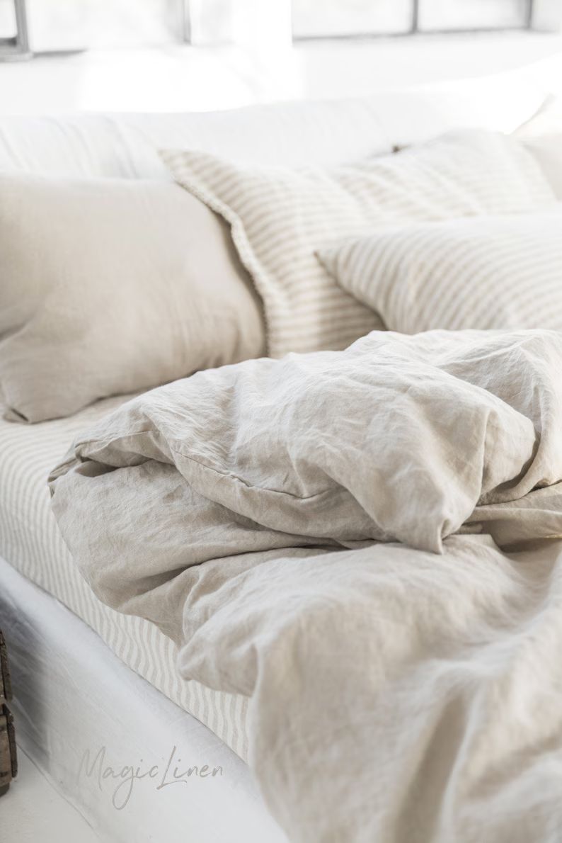 Linen bedding set in Natural Linen (Oatmeal) color (duvet cover + 2 pillowcases). US King, Queen. | Etsy (US)