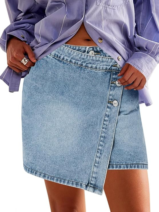 Cicy Bell Womens Jean Skirts Casual Wrap Button Asymmetrical Hem Summer Denim Mini Skirt | Amazon (US)