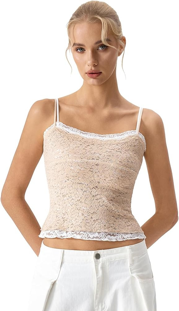 QINSEN Women's Double Layer Lace Camisole Tank Scoop Neck Summer Y2k Going Out Trendy Cami Shirt | Amazon (US)