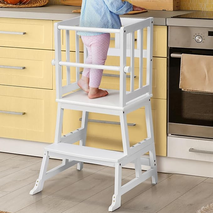 COSYLAND Kids Kitchen Step Stool Helper with Gloves Removable Anti-Drop Railing Safety Rail, Non-... | Amazon (US)