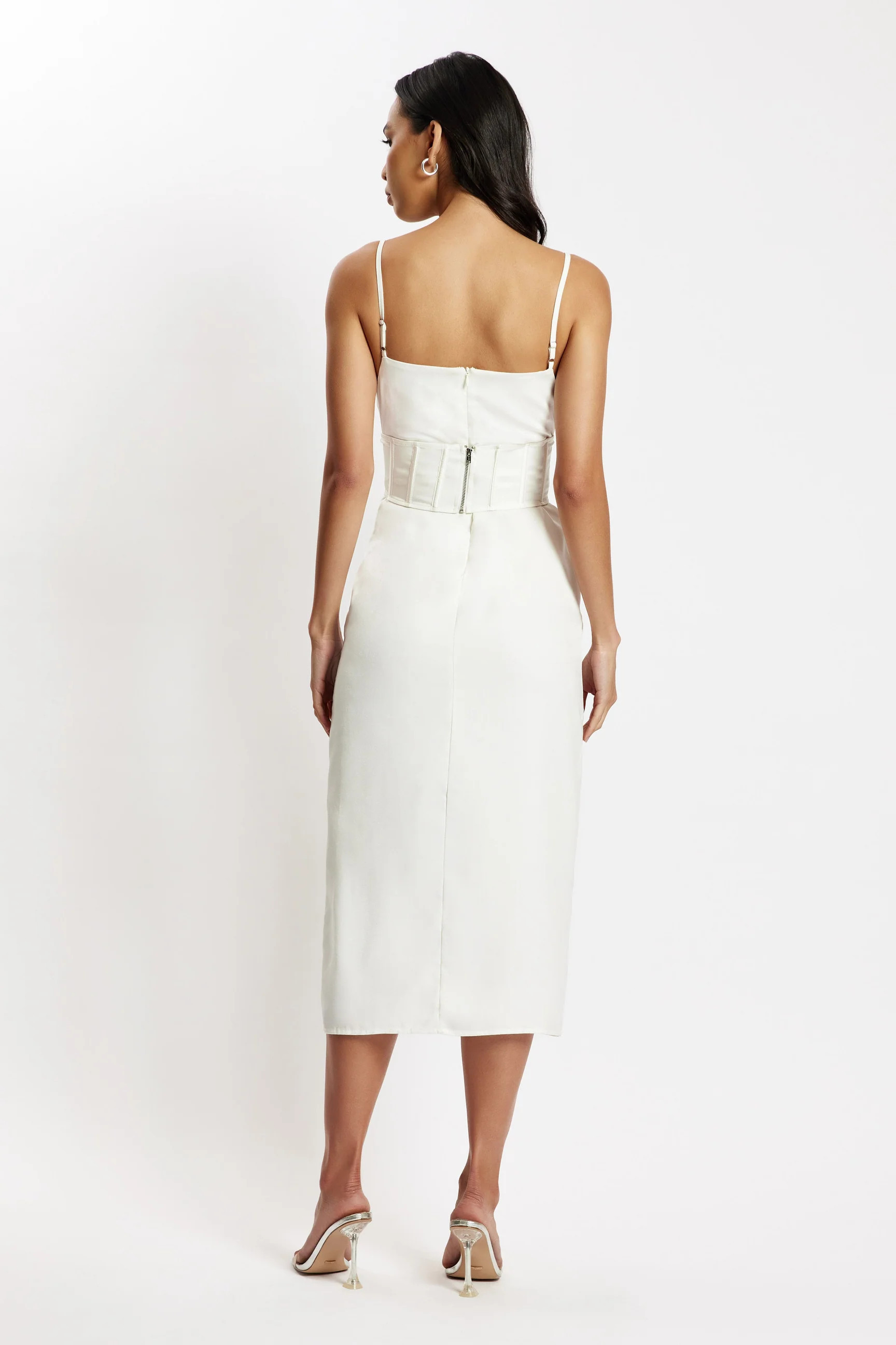 Lucy Cowl Midi Dress With Corset - White | MESHKI US