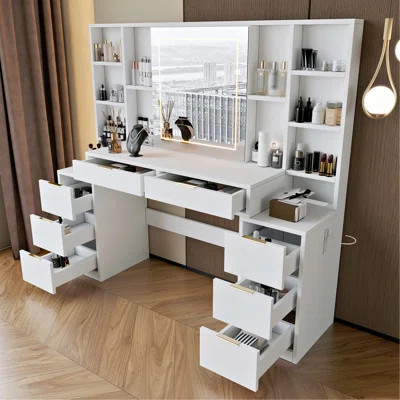 Makeup Vanity Desk With Mirror And Lights, Large Vanity Table With 8Drawers & Open Storage Shelves, Brightness Adjustable, Dressing Table For Bedroom | Wayfair North America