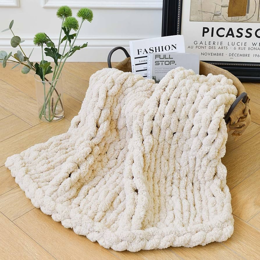 Chunky Knit Blanket 40x40 Inch Beige Soft Chenille Throw Blanket, Boho Home Decor Throw Blanket f... | Amazon (US)
