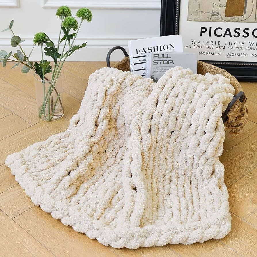 Chunky Knit Blanket 40x40 Inch Beige Soft Chenille Throw Blanket, Boho Home Decor Throw Blanket f... | Amazon (US)