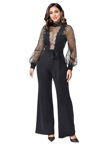 Figdaw Elegant Sequin Jumpsuits for Women Formal Jumpsuit with Glitter Lace Details,Sexy Evening Party,Wedding Guest,Cocktail,(Black,S,X6053) | Amazon (US)