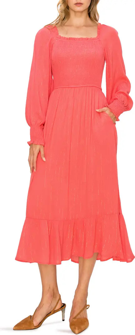 Metallic Stripe Long Sleeve Smocked Midi Dress | Nordstrom Rack