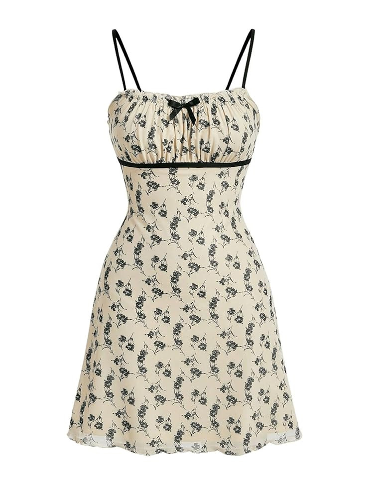 Verdusa Women's Ruched Bust Bow Knot Floral Print Mesh Short Cami Dress | Amazon (US)