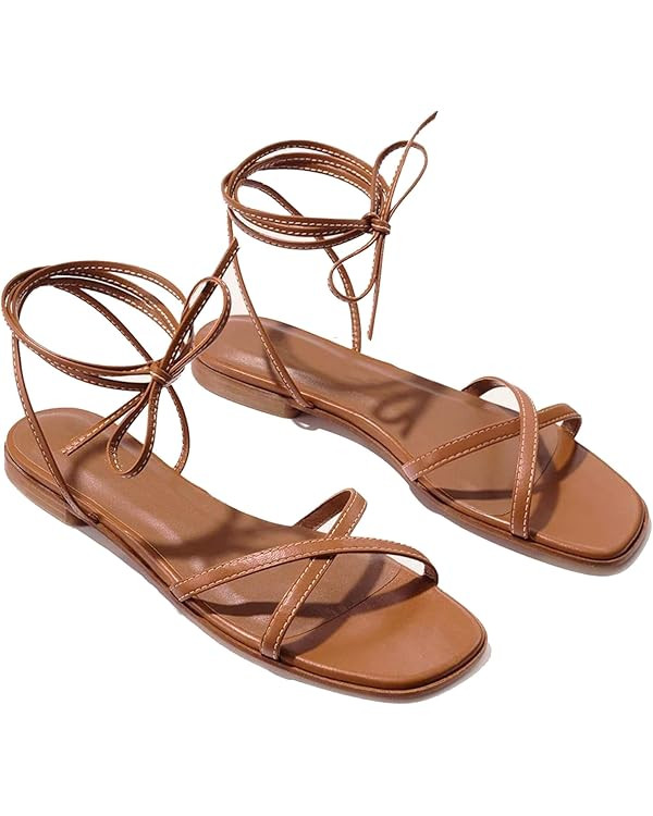 Strappy Flats Sandals for Women Summer Gladiator Lace Up Flat Sandals Open Square Toe Casual Beac... | Amazon (US)