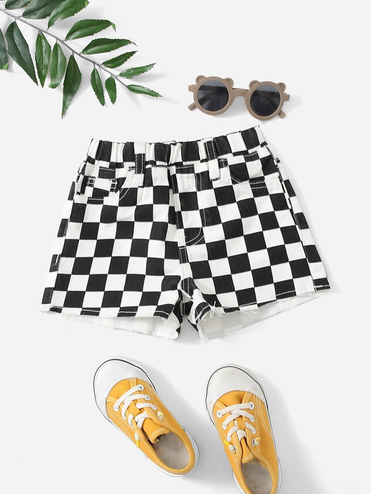 SHEIN Toddler Girls Elastic Waist Checker Denim Shorts | SHEIN