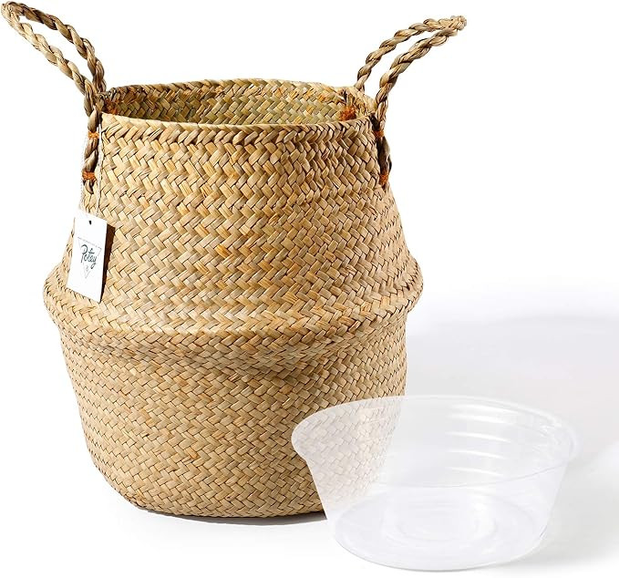 POTEY Seagrass Plant Basket - Hand Woven Belly Basket with Handles, Middle Storage Laundry, Picni... | Amazon (US)
