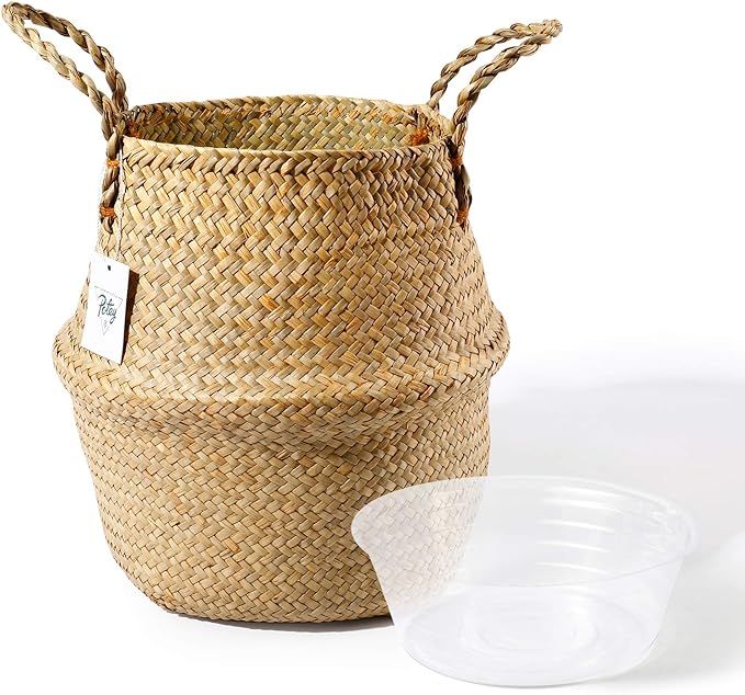 POTEY Seagrass Plant Basket - Hand Woven Belly Basket with Handles, Middle Storage Laundry, Picni... | Amazon (US)