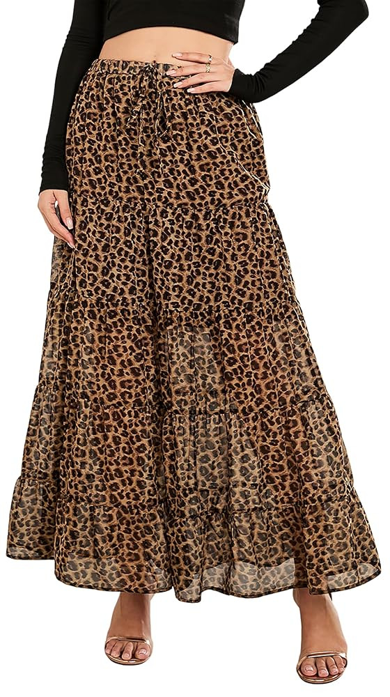 Tsher Women's Casual High Elastic Waist Ruffle Boho Pleated A-line Long Maxi Skirts 0333 | Amazon (US)