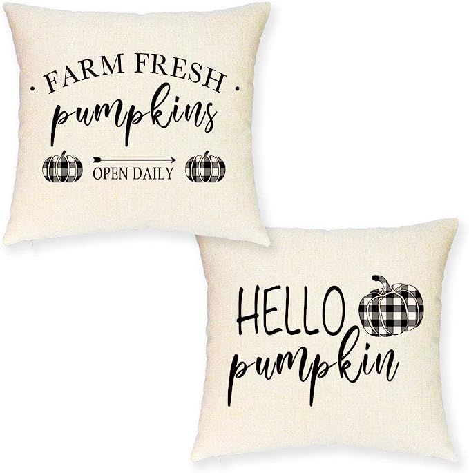 JYNHOOR Set of 2 Fall Pillow Covers 18x18 Inches –Rustic Farmhouse Buffalo Check Pumpkin Pillow... | Amazon (US)
