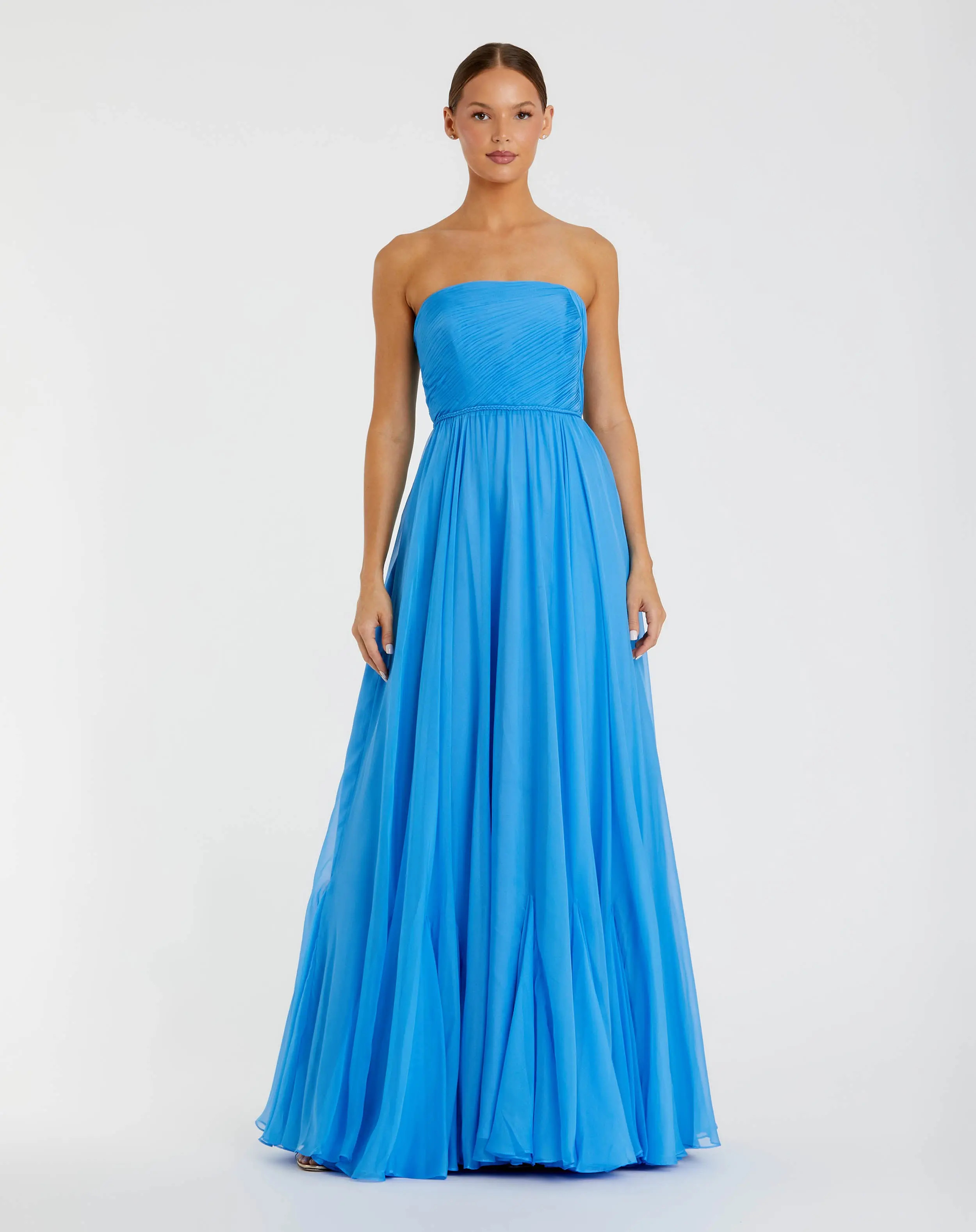 Blue Strapless Chiffon Gown With Braided Belt | Mac Duggal | Mac Duggal