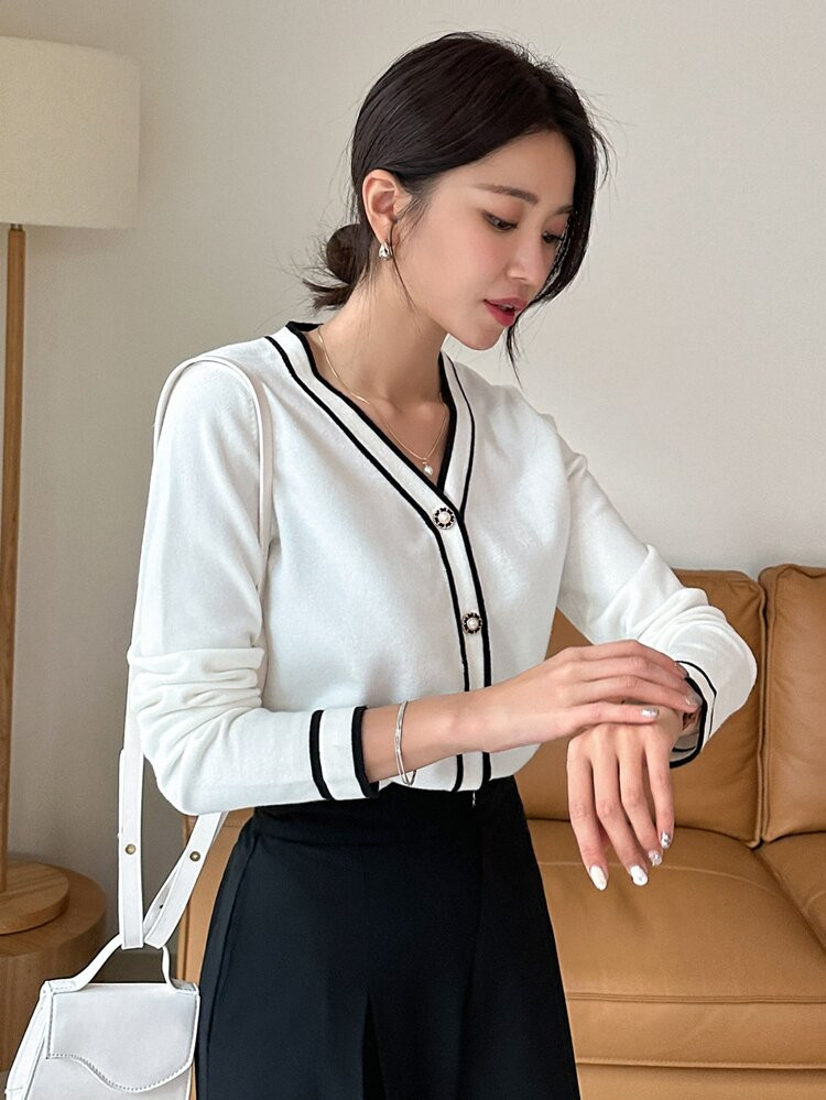 DAZY Contrast Trim Button Up Ribbed Knit Cardigan | SHEIN