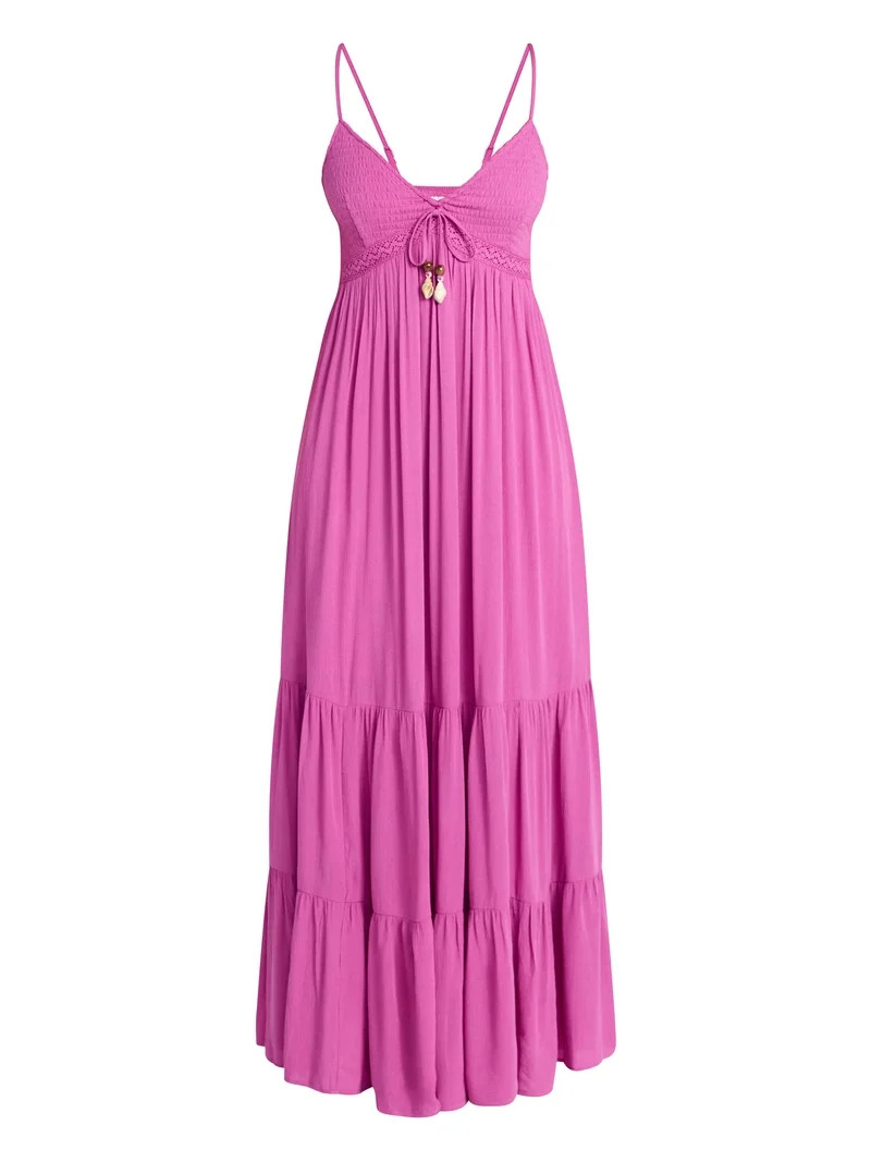 No Boundaries Crochet Lace Trim Tiered Maxi Dress, Women's XXS-XXL - Walmart.com | Walmart (US)