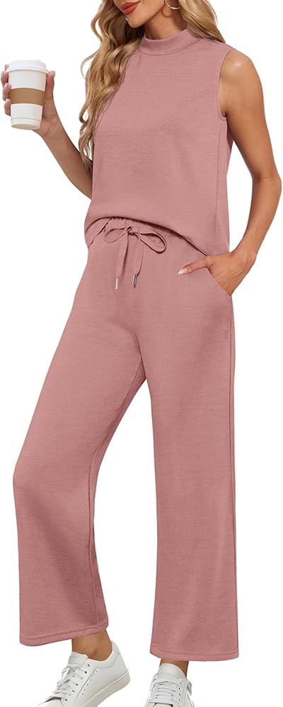 Lepunuo Two Piece Sets for Women Summer Mock Neck Sleeveless Top Wide Leg Pants Lounge Sets Vacat... | Amazon (US)