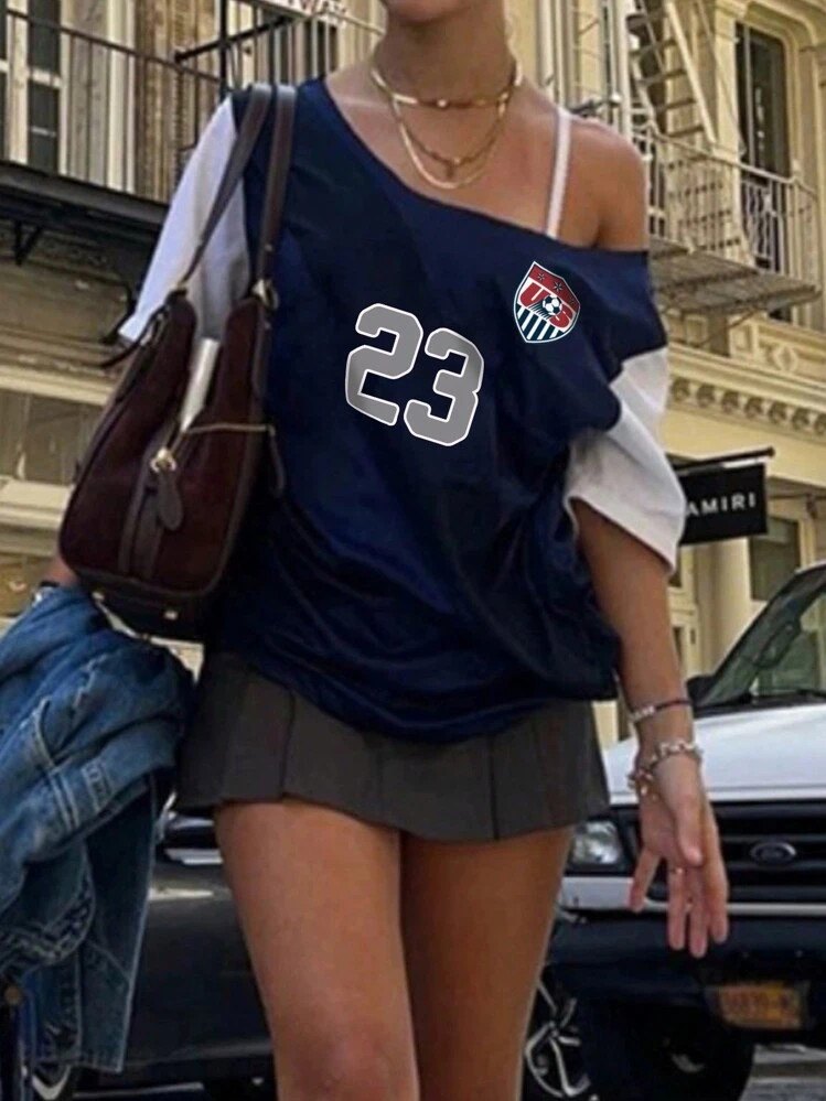 INAWLY Women's Asymmetric Collar Contrast Color Numeric Print Summer Short Sleeve T-Shirt Graphic Tees Women Tops | SHEIN