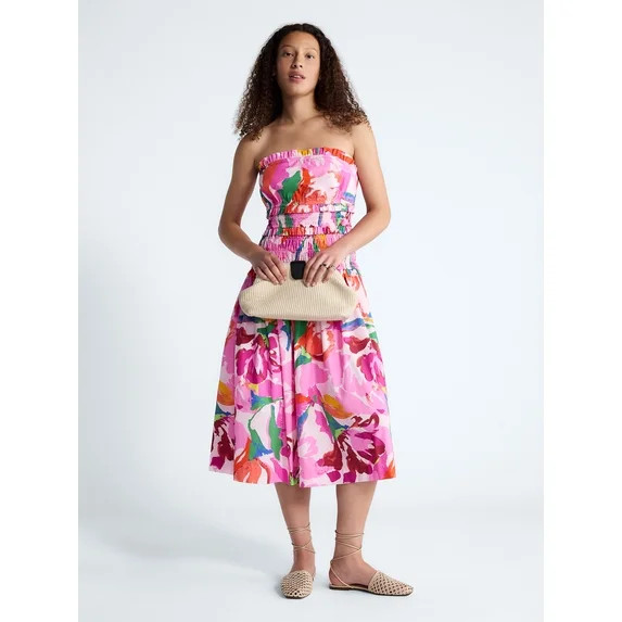 Free Assembly Women's and Women's Plus Strapless Cotton Poplin Tiered Midi Dress, Sizes XS-4X | Walmart (US)
