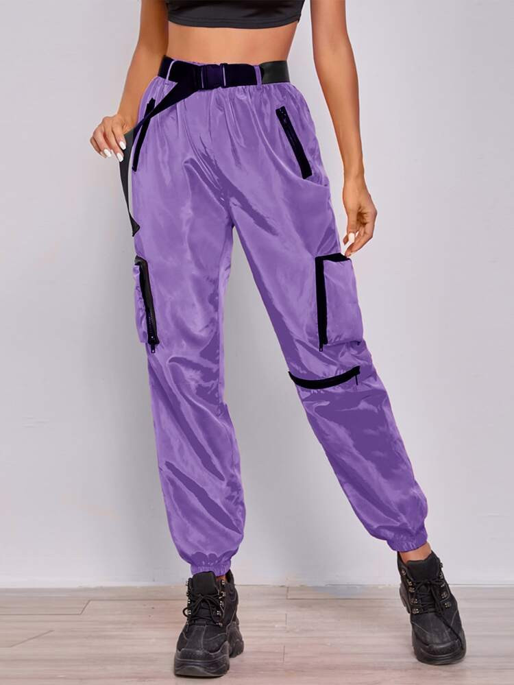SHEIN EZwear Zipper Patch Pocket Push Buckle Belted Wind Joggers | SHEIN