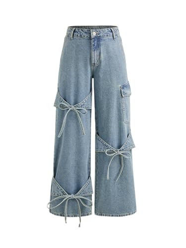 CIDER Baggy Jeans for Women High Waisted Wide Straight Leg Bow Jeans Denim Pants Blue | Amazon (US)