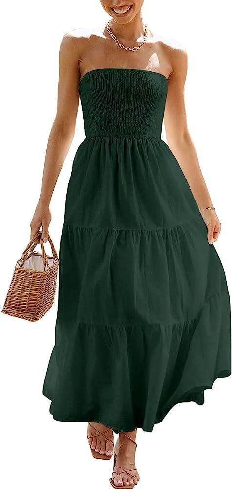 LILLUSORY 2023 Trendy Smocked Strapless Midi Dress for Women Flowy Tiered A Line Dress with Pockets | Amazon (US)
