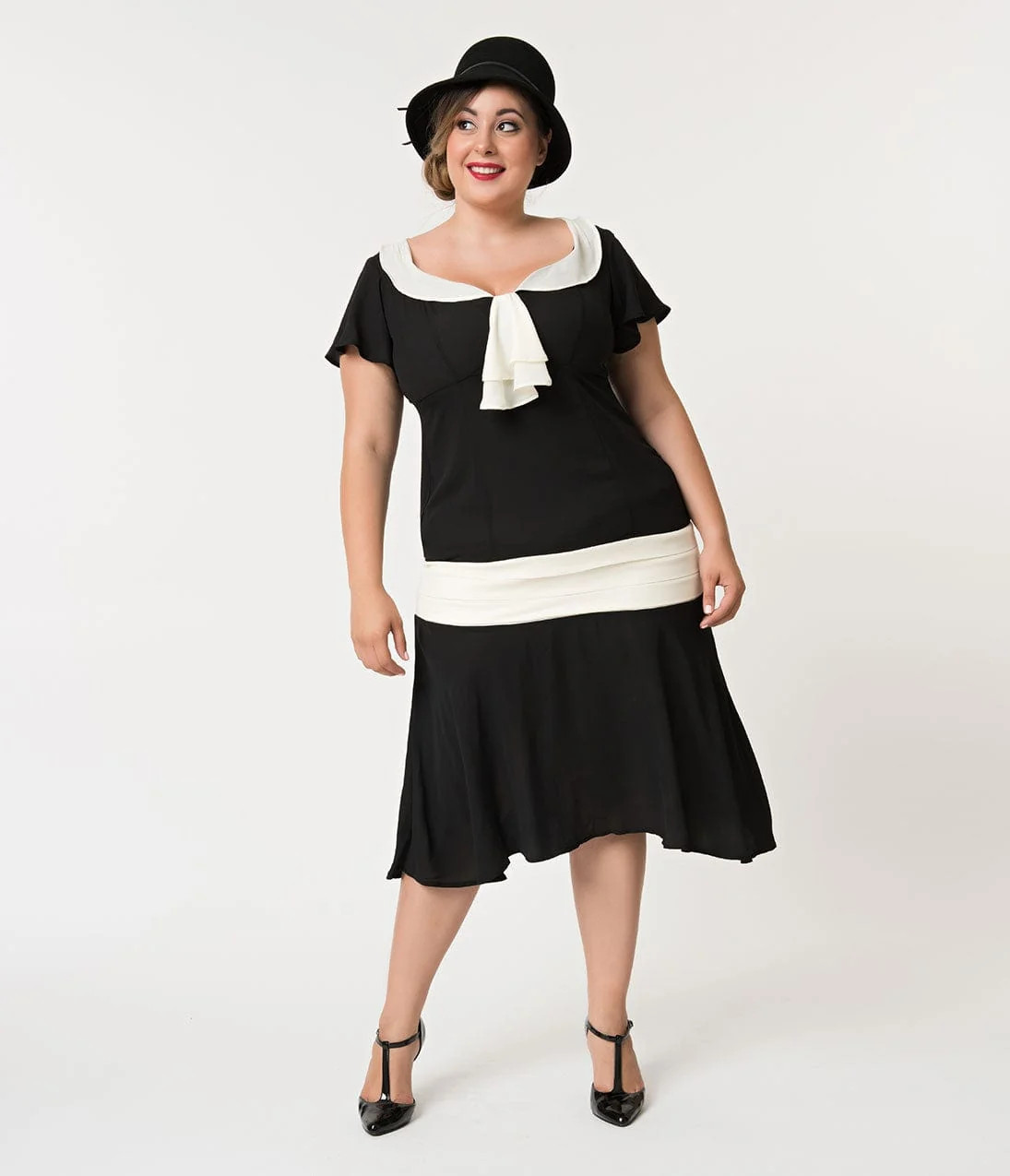 Unique Vintage Plus Size 1920s Black & Cream Wilshire Flapper Day Dres | Unique Vintage - North America